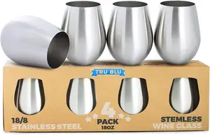 Stainless Steel Wine Glasses Cup- Elegant Stemless Goblets 18 Oz - Unbreakable Shatterproof Metal Drinking Tumblers