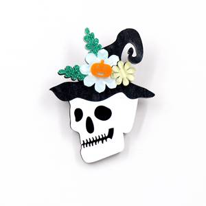 <span class=keywords><strong>Broche</strong></span> personnalisée en forme de crâne d'Halloween avec chapeau de sorcière |   Épinglette en acrylique 3D superposée |   Bijoux de fête en gros pour cadeaux de festival 2026 - Product Image 1