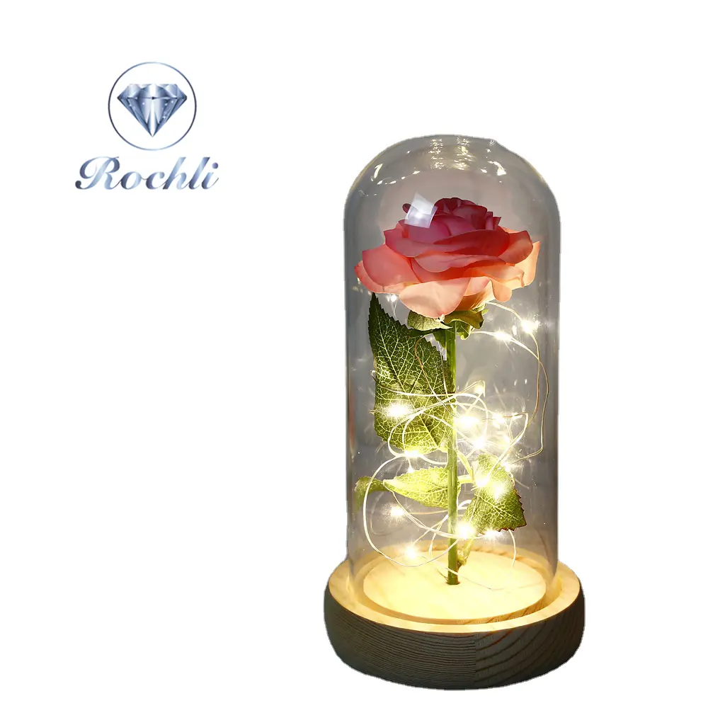 Rosa artificial de presente, de alta qualidade, no copo de vidro com luz led, decoração para o dia dos namorados, presentes de casamento