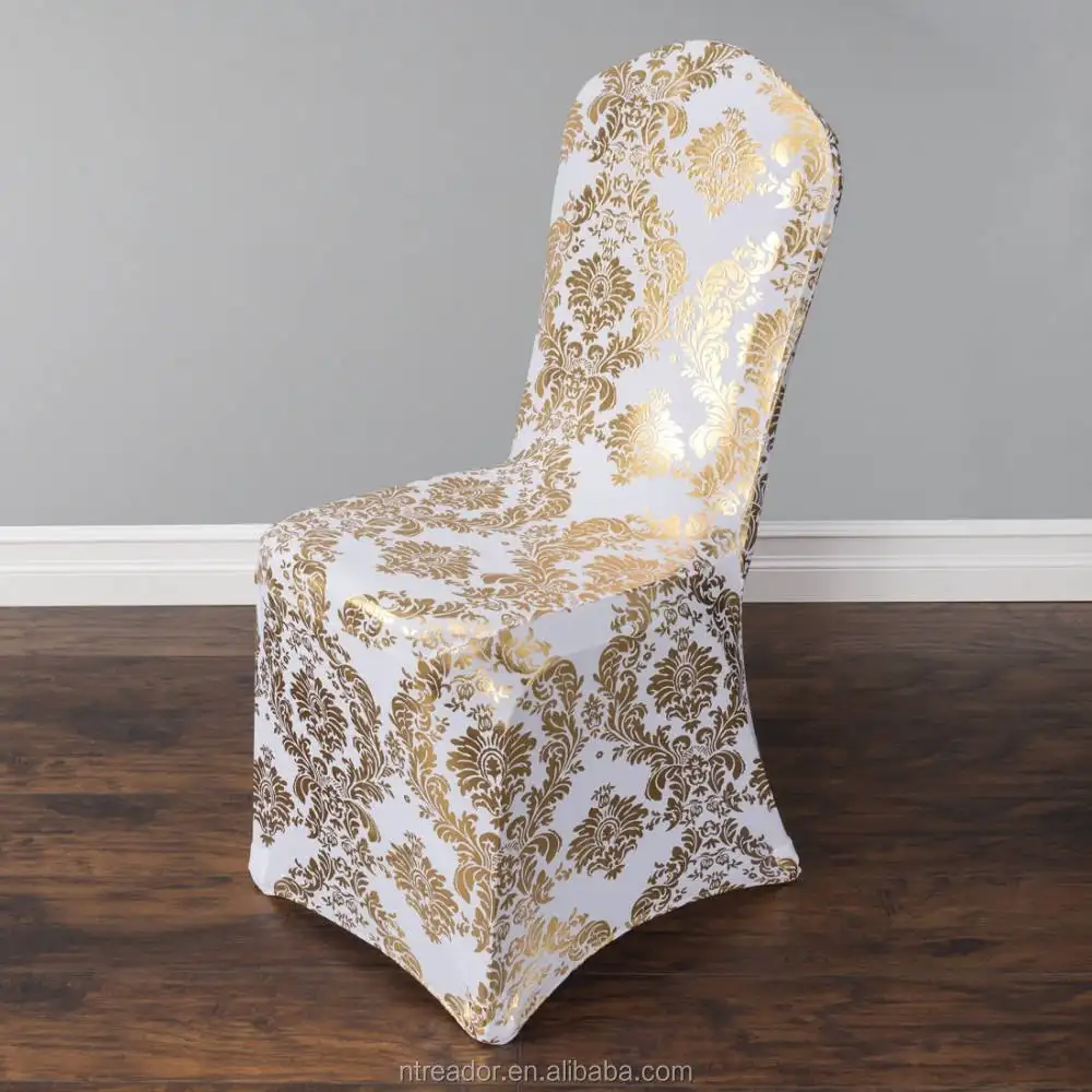 ผ้ายืดสแปนเด็กซ์ยืดหยุ่น Bronzing ทองพิมพ์ดอกไม้แปนเด็กซ์เก้าอี้ครอบคลุมเก้าอี้จัดงานแต่งงานล้างทำความสะอาดได้