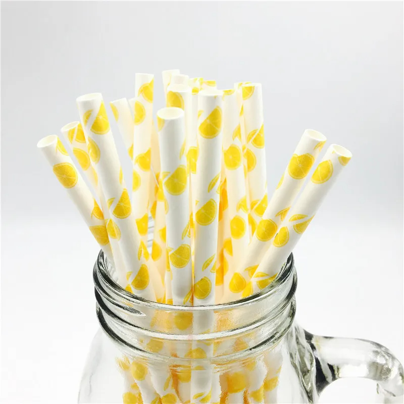 Eco Friendly Yellow Lemon Disposable Drinking Paper Straws Christmas Baby Shower Decoration Gift Party Event Supplies