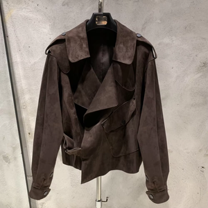 Chaqueta de Cuero de Oveja Auténtica de Lujo para Mujer, Chaqueta Corta de Gamuza con Solapa, Estilo Motero, Talla Grande - Product Image 4