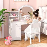 Ensemble de coiffeuse et chaise pour enfants avec miroir lumineux, tiroirs et étagères de rangement, table de maquillage en bois pour filles