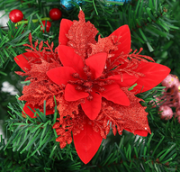 Décoration de Noël de 14 cm, fleurs scintillantes artificielles rouges et dorées, ornements pour arbre de Noël, fête de Nouvel An, mariage, couronne DIY