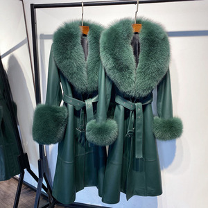 Nuovo Cappotto in Vera <span class=keywords><strong>Pelle</strong></span> da Donna per l'Autunno con Collo in Pelliccia di Volpe, Elegante Cappotto in <span class=keywords><strong>Pelle</strong></span> per Signore - Product Image 4