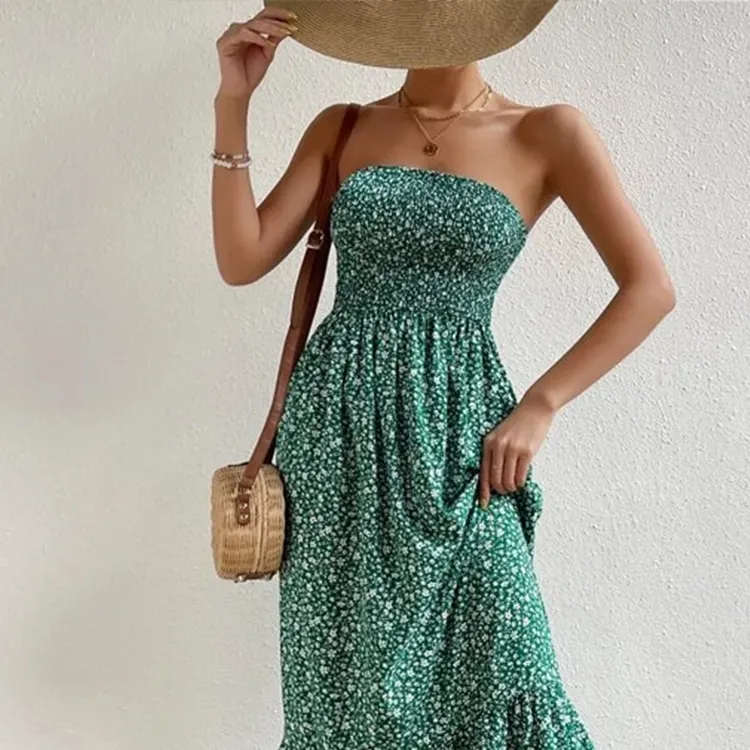 Manufacturer wholesale green strapless women floral dress custom print ruffle maxi dress summer hawaiian beach dress