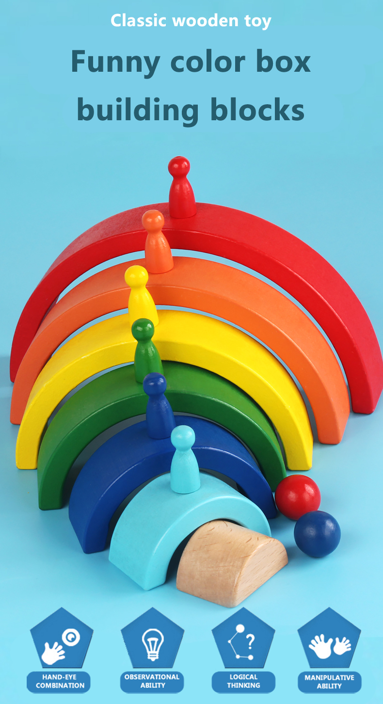 Wooden Rainbow Stacking Building Blocks Stacker Family Learning Game Creative Montessori Toy For Kids