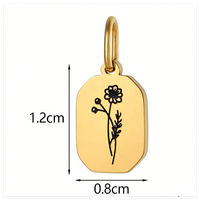 Yiwu Aceon Breloque florale géométrique rectangulaire en acier inoxydable, mini taille, dorée, gravée sur mesure, avec fleur de naissance encre noire, 12 mois