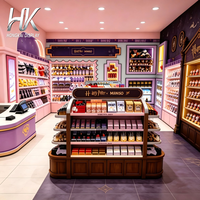Comptoir de caisse incurvé personnalisé violet, étagères murales roses, boîte lumineuse, niche, base, tiroirs, écologique, durable pour le commerce de détail
