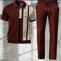 Ensemble Homme T-shirt Demi-Zip à Col Revers et Pantalon – Design Rayé Color Block, Hauts à Manches Courtes, Pantalon Long Droit – Tenue Quotidienne