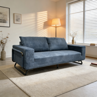 Canapé modulable gris clair effet nuage, compressé et scellé sous vide, ensemble 2 pièces avec structure métallique, idéal pour bureau ou espace de détente.