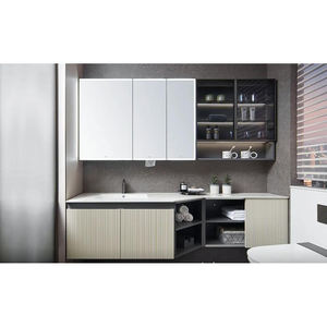 Mueble de Baño Moderno Beige Acanalado con Gabinetes Abiertos Grises, Conjuntos de Muebles de Baño al por Mayor con Lavabo y Grifo - Product Image 1
