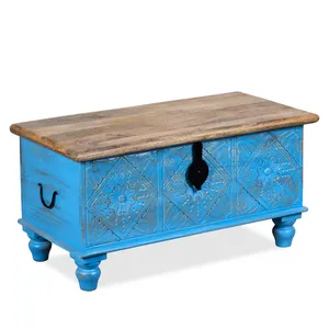 Spacious Blue Wooden Storage Trunk Antique Indian Hand Carving Distressed Blue Brown Top Lid Storage Coffee Table
