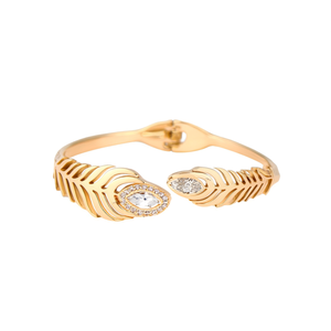 Crystal <b>Feather</b> Bangle PVD Gold Plated 316L Stainless Steel Sustainable Resistant Bracelet - Product Image 2