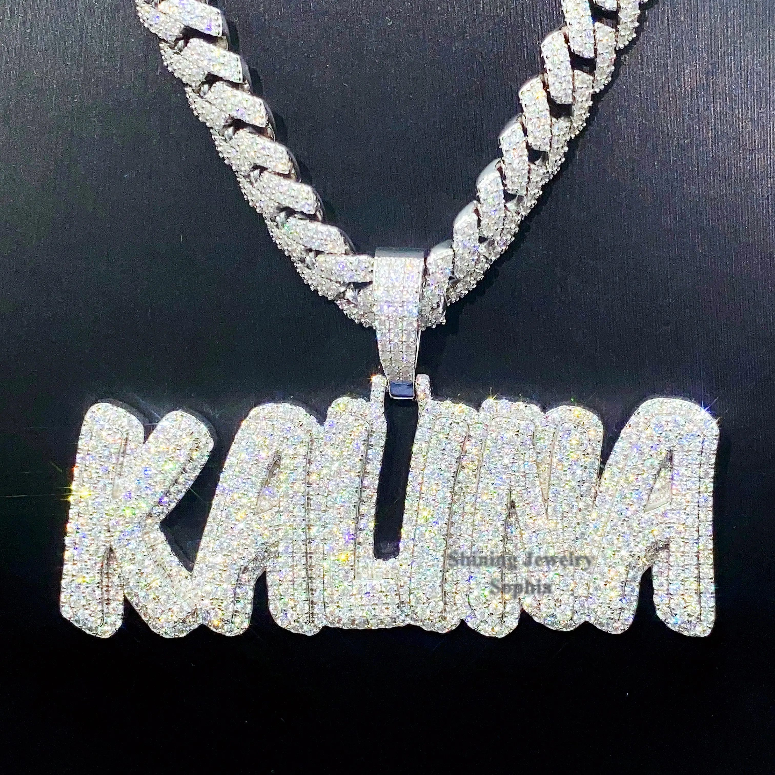 Custom Iced Out Cuban Chain White Gold Real S925 Sterling Silver VVS Lab Diamond Moissanite Necklace Letter Pendant