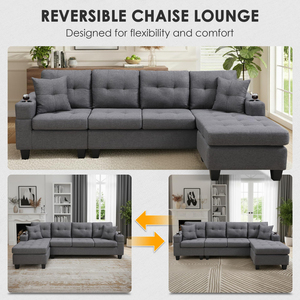 Sofá seccional Runwood moderno <span class=keywords><strong>de</strong></span> 4 plazas, juego <span class=keywords><strong>de</strong></span> muebles para sala <span class=keywords><strong>de</strong></span> estar con chaise longue reversible en forma <span class=keywords><strong>de</strong></span> L, tapizado en tela <span class=keywords><strong>de</strong></span> lino. - Product Image 3
