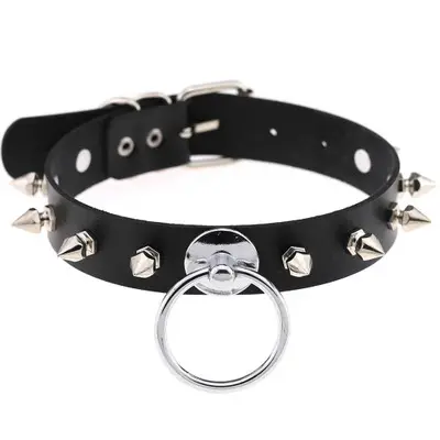 Punk Goth Rock Spiked Rivets Leather Collar Oversized O Round Neck Chain Neck Straps for Women