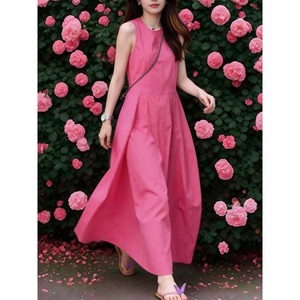 Nuovo Abito Lungo Estivo 2026 all'Ingrosso Minimalista Senza Maniche Stile Francese Chic a Vita Alta Ampio in Misto Cotone Rosa Linea A per Resort - Product Image 6
