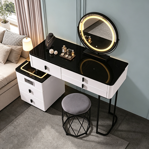 Black <b>Gloss</b> Top Vanity Set Round LED Ring Mirror 3 <b>Drawer</b> Side <b>Chest</b> Diamond Metal Frame Grey Cushion Stool Bedroom Makeup Desk - Product Image 2