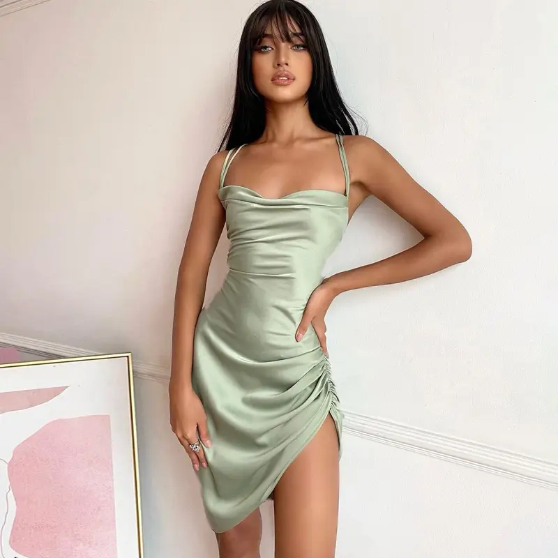 2022 Summer Couture Female Modern Solid Color Cocktail Casual Night Pyjama Slit Modest Ruffle Corset Classy Shirred Pink Dresses