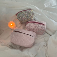 Pochette cosmétique pliable en coton blanc, écologique, avec imprimé de petits cœurs et de créatures de dessin animé, fermeture éclair, pour femmes