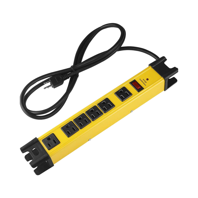 6FT Nema Plug Extension Cord Heavy Duty 15A Power Strip Surge Protector 1200 Joules 6 Outlets Multiple Industrial Use Yellow