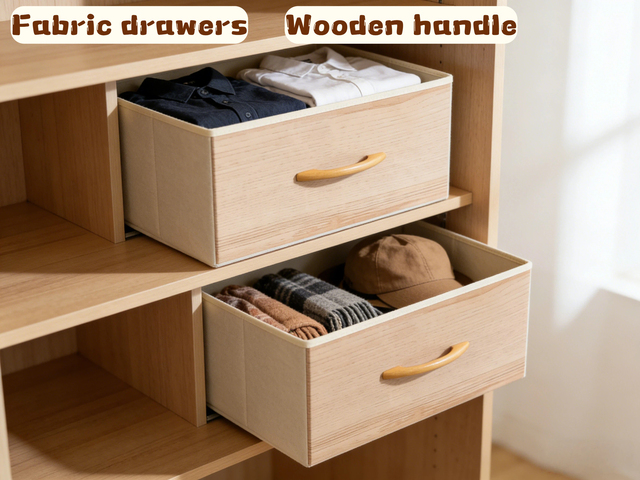 Wood Grain Fabric Storage Drawer with Wooden Handle Foldable Closet Organizer for Wardrobe Clothes