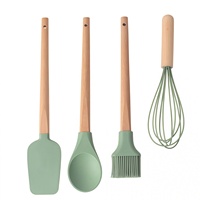 Ensemble d'ustensiles de cuisson en silicone avec manche en bois, 4 pièces : spatule, fouet à œufs, pinceau à huile, anti-fuite, compatible avec les aliments, ustensiles de cuisine