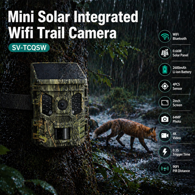 Solar Integrated Security Camera WiFi for 4K 64MP CMOS Weather-Resistant Battery 0.2s Motion Activated Outdoor Wildlife