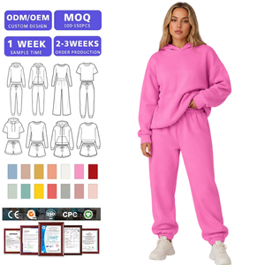 Ensemble 2 pièces pour femme, sweat à capuche oversize avec poche kangourou et pantalon de jogging à revers élastiques, en molleton doux, tenue décontractée quotidienne, BSCI OEM - Product Image 1