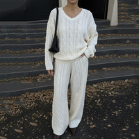 Ensemble Femme Tricot Uni Confortable Souple Col V Torsade Pull Soufflant Pantalon Droit