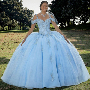 Mumuleo sevgiliye boyun çizgisi dantel aplikler kapalı omuz korse Lce mavi quincedress elbise - Product Image 4