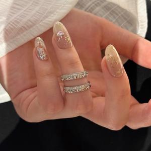 แหวนเปิดลายตาราง Ling ประดับเพชรครึ่งวงและครึ่งวงเรียบ ทำจากเงินแท้ S925 ดีไซน์หรูหรา ทันสมัย แหวนปลายนิ้ว - Product Image 4