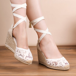 Nicecin allacciatura scarpe retrò per scarpe da donna in cotone con tacchi rialzati sandali in pizzo con zeppa creativa scarpe da ginnastica da donna espadrillas - Product Image 5