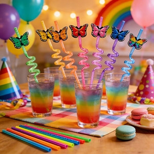 Paille en plastique réutilisable de qualité alimentaire PETG, motif papillon de dessin animé, nouvelle arrivée, idéale pour les fêtes, les jeux et les cadeaux - Product Image 5