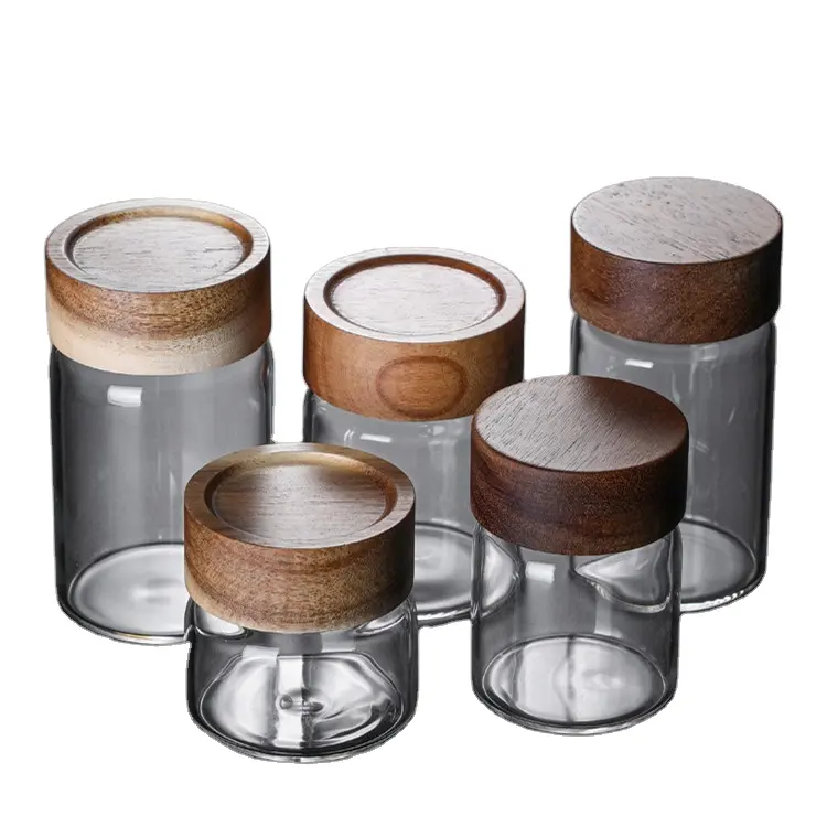 Storage Glass Jars Sealed Food Storage Containers with Screw Wooden Lid