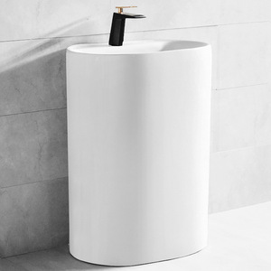 Ceramic Pedestal <b>Basin</b> <b>Round</b> Floor Standing Single Hole Faucet Mount Glossy Finish Bathroom Sink - Product Image 2