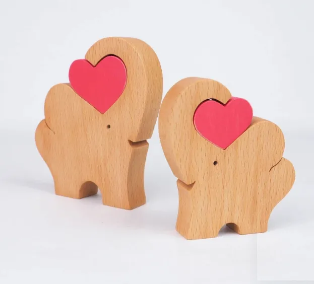 उपहार वैयक्तिकृत कस्टम मिनी हाथी पशु बच्चों की पहेली लकड़ी की लकड़ी दिल पहेली बच्चों की सजावट खिलौने निर्माता