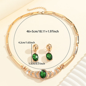 Cross-border Europe United States Hot Gold Inlaid White Rhinestone Green <b>Crystal</b> Alloy Blade Chain Necklace Earrings Set Ladies - Product Image 2