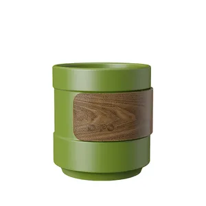 DHPO New Design Matte Black Handleless Stackable Ceramic Coffee Mug Tea Cup With Wooden Sleeve
