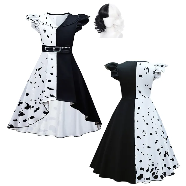 Halloween Carnival Kids Girls Cruella Deville Costume Masquerade Cosplay Party Child Black White Princess Cos Dress with Wig