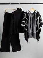 Ensemble trois pièces élégant pour femme – Nouvelle collection automne-hiver : pull tricoté, châle cape et pantalon large rayé coupe décontractée