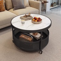 Mesa de Centro para Sala de Estar con Efecto Mármol, Ligera y Ligeramente Lujosa, con Estructura de Hierro y Estante de Almacenamiento; Mesa Compacta con Ruedas