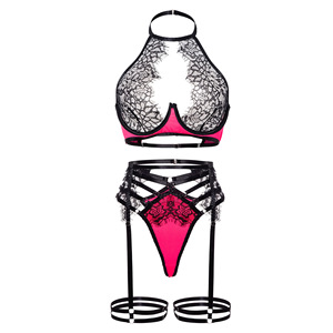 <b>Sexy</b> Bondage Hollow Out Contrast Color Lingerie <b>Set</b> Hot Selling Eyelash Lace Three Piece Bra Brief <b>Set</b> - Product Image 4