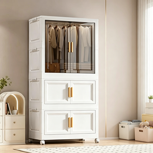 Armoire de rangement pliable et empilable pour vêtements, 3 niveaux, en PP, avec <span class=keywords><strong>porte</strong></span> transparente et roulettes mobiles, sans installation - Product Image 6