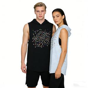 Camisetas sin mangas para hombre de algodón French Terry 100% con capucha, con pedrería termoadhesiva, ropa deportiva de alta calidad para hombre. - Product Image 1