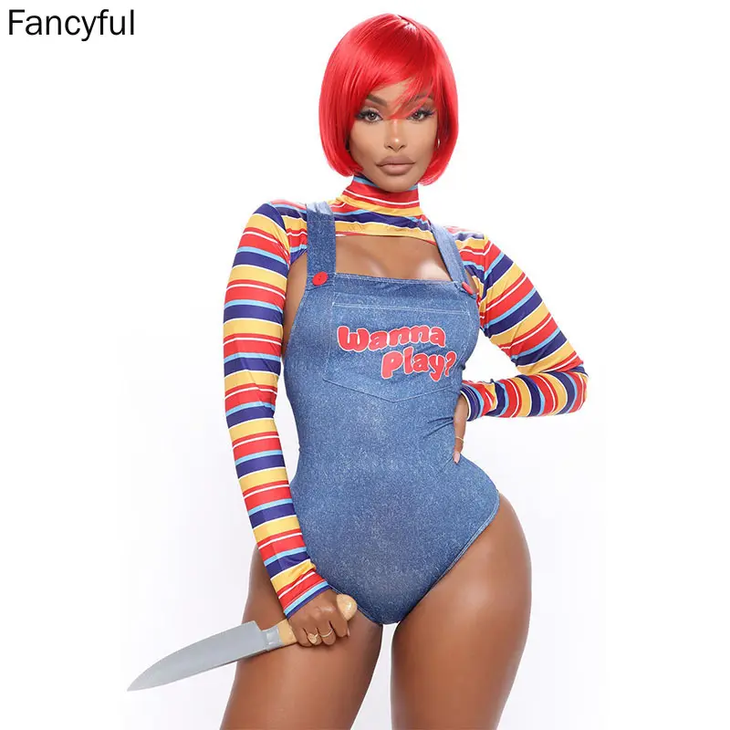 5XL Halloween Costumes pour femmes effrayant cauchemar tueur poupée veux jouer film personnage body Chucky poupée Costume 2 pièces ensemble