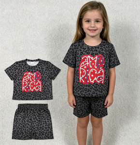 Conjuntos de Ropa para Niñas al por Mayor, Camiseta y Pantalones Cortos con Estampado de Leopardo Americano, Moda RTS - Product Image 1