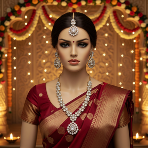 Parure de bijoux de haute qualité, plaqué or, avec zircon, motif floral, style ethnique traditionnel, comprenant collier, boucles d'oreilles et Maang Tikka, pour mariage indien et fêtes - Product Image 3