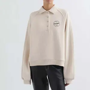 Wholesale Custom Embroidered Turn Down Collar Polo Sweatshirt Long Sleeve Streetwear Hoodie Blank Oversized Sweatshirt Women